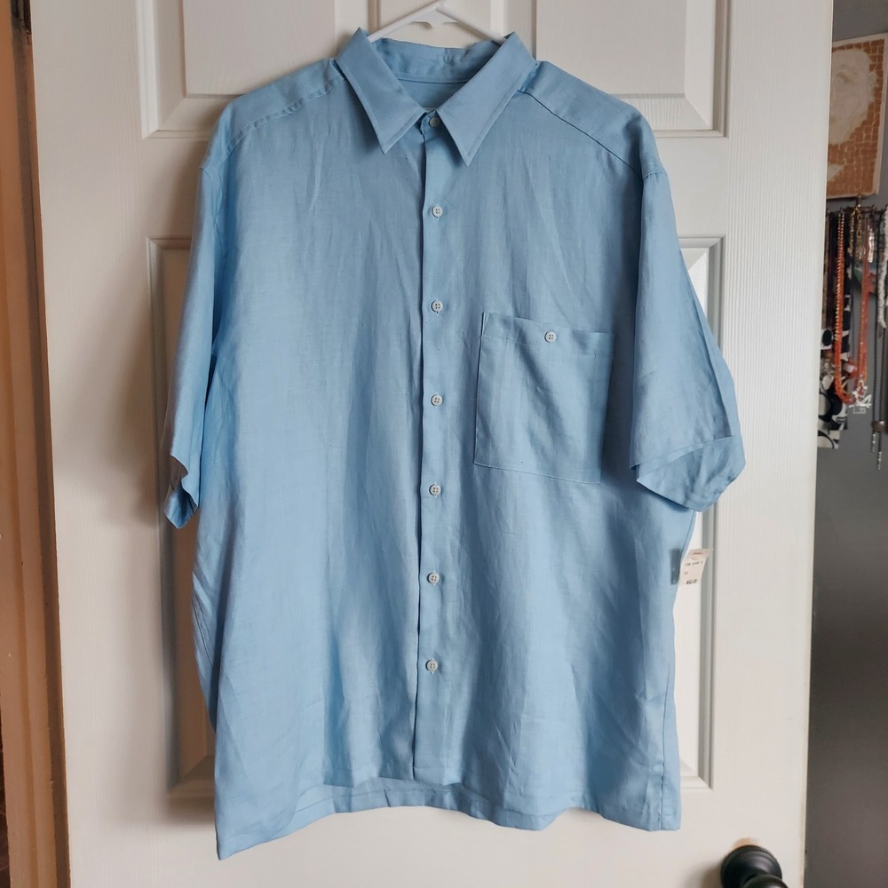 Claiborne Mens Vintage 100% Tissue Linen Short Sleeve Button Down Shirt Blue L